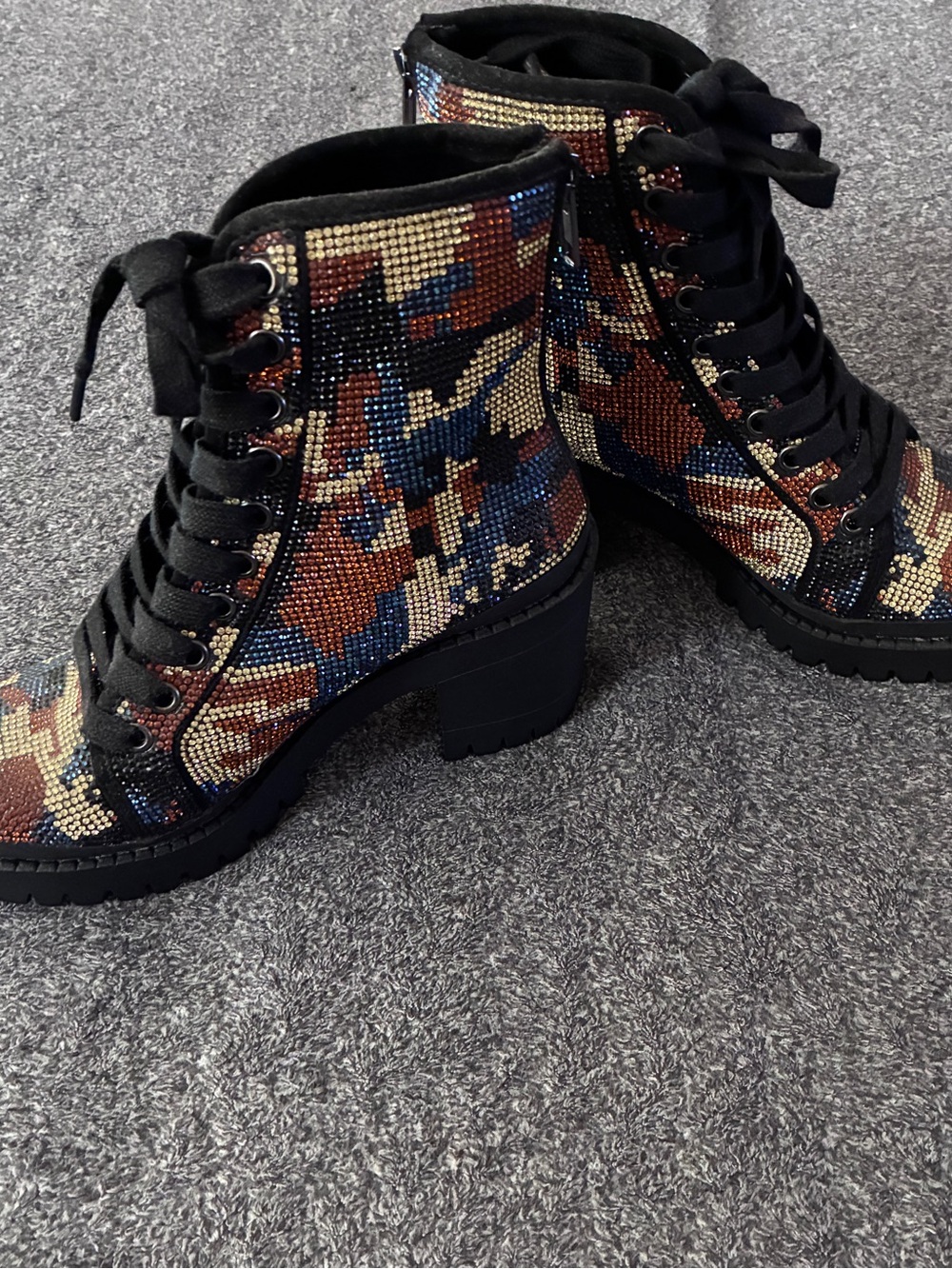 Steve Madden Camouflage Rhinestone Lace-Up Ankle Boots - Black/Multi